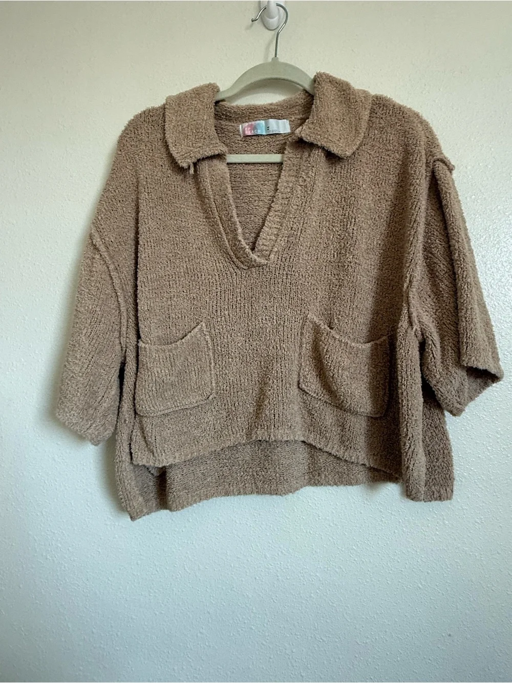 Free People Beige Cropped Off-Shoulder Knit Sweater